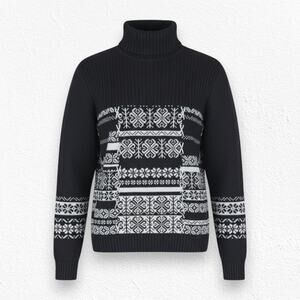 Y2K Black White Faux Patchwork Fair Isle Heavy Knit Turtleneck Sweater Size XL